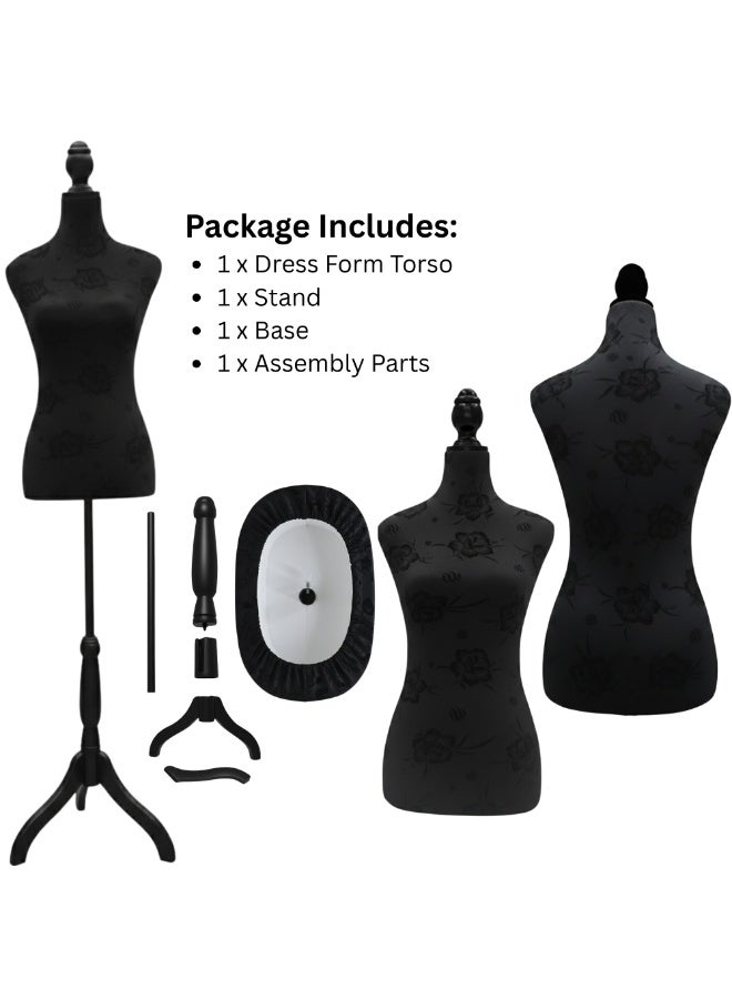 أورتوك مانيكان نسائي قابل للتعديل لعرض الفساتين – جذع مخملي أسود بنقشة زهور مع حامل ثلاثي القوائم أسود – ارتفاع قابل للتعديل حتى 178 سم، مثالي للخياطة وتصميم الملابس وعرض المجوهرات. - Image 4